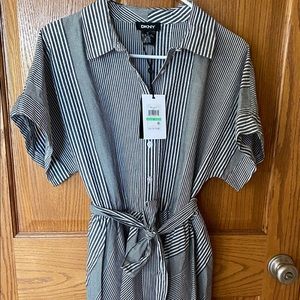 DKNY shirt dress, belted, dark grey and white stripe